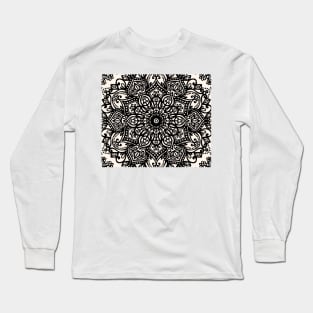 Black and Cream Mandala Tapestry Pattern Long Sleeve T-Shirt